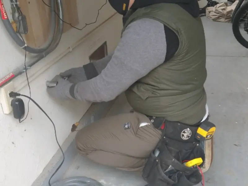 Electrician performing outlet wiring in a Crawford garage